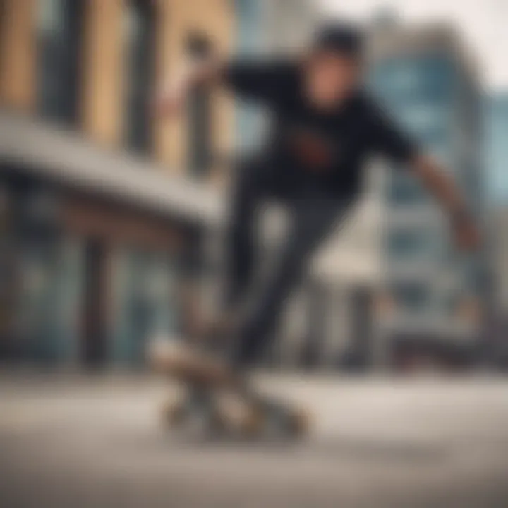 A larger individual riding a skateboard in an urban setting.