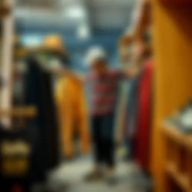 A skater choosing between different pairs of pants in a trendy skate shop.