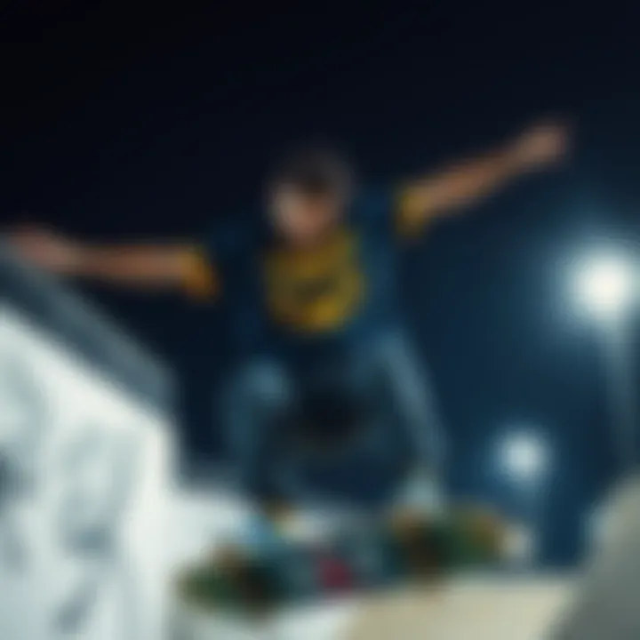 Skater performing a trick wearing a navy blue and yellow graphic tee