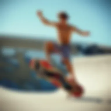 Skater in Action with Board Shorts Skater performing tricks wearing extra long board shorts