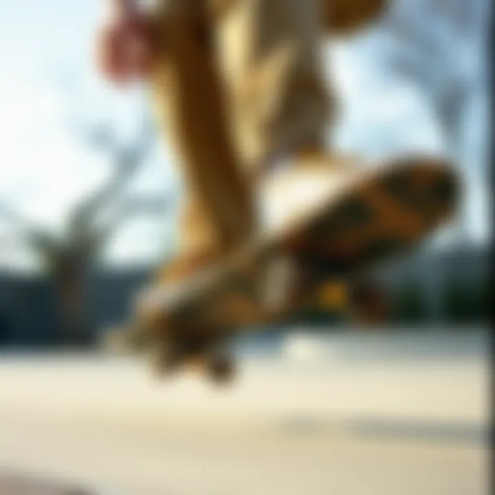 A skater performing tricks while wearing timber shoes on a skateboard