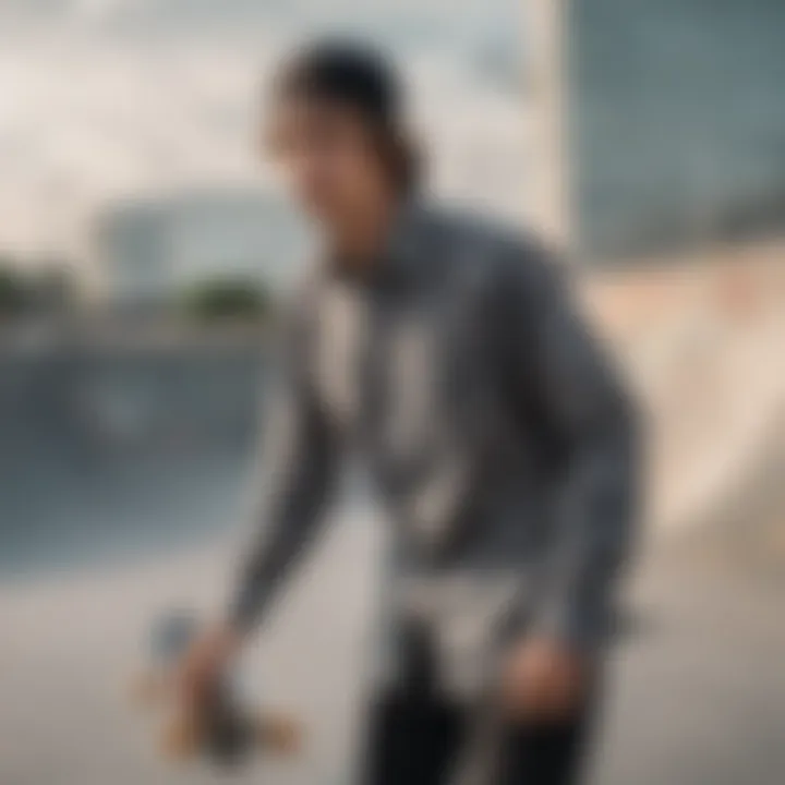 A skater wearing an all over print button up shirt in an urban skate park setting.