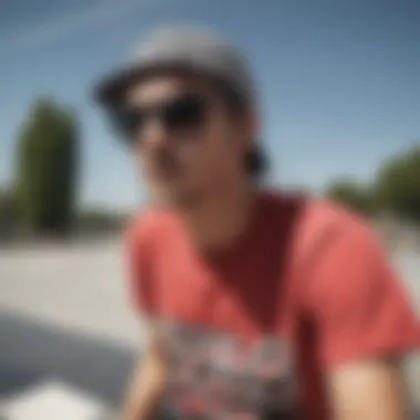 A skater wearing Vans checkerboard sunglasses at a skatepark