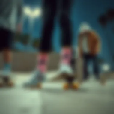 Group of skaters showcasing their pastel Nike socks in a skate park