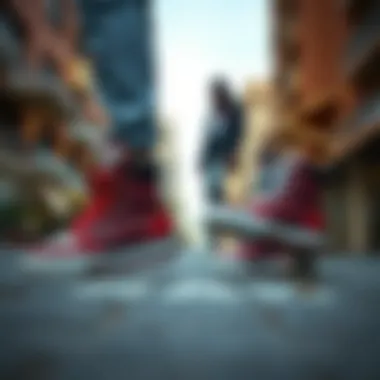 Skaters wearing platform hightop shoes in an urban setting