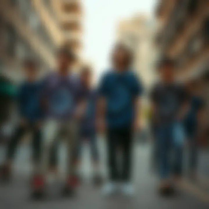 Group of skaters showcasing mushroom tie dye shirts in an urban setting