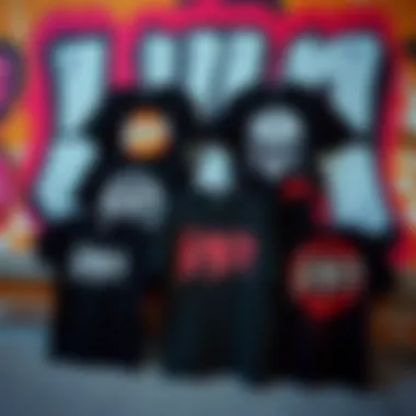 A collection of various Slayer tee shirts displayed creatively against a graffiti backdrop