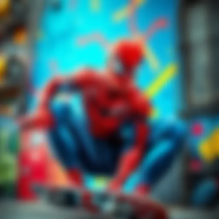A colorful mural featuring Spider-Man, representing the influence on skate culture