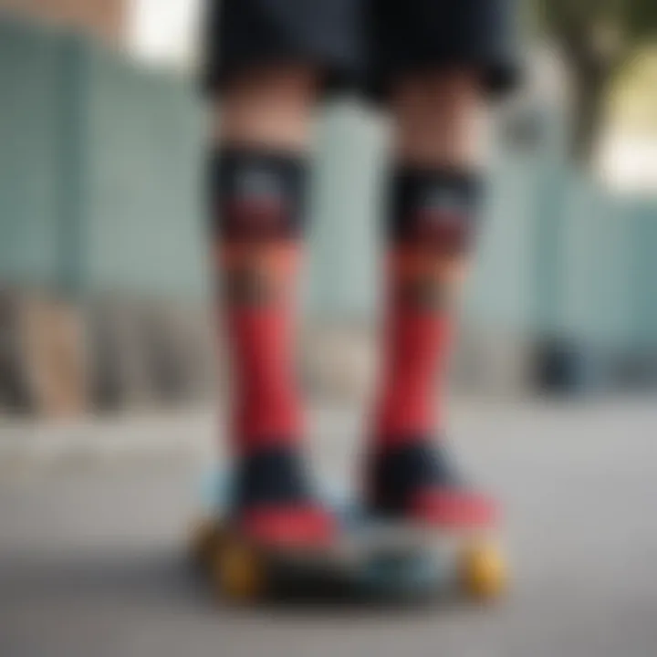 A close-up of Stance socks on a skateboard, illustrating their connection to the skateboarding culture.