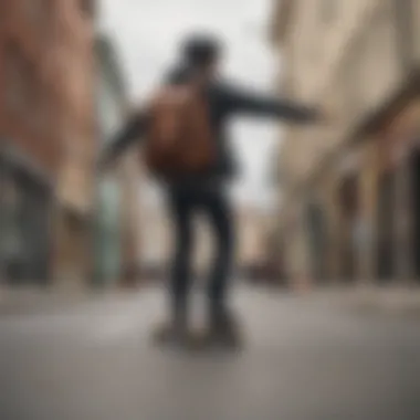 Skater wearing the Style Lab backpack in an urban environment