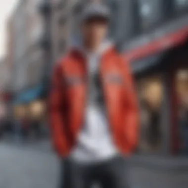Stylish Streetwear Ensemble Fashionable streetwear outfit displayed on a mannequin in a trendy urban setting