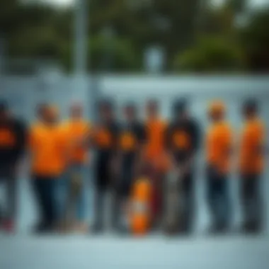 Community of Skaters in Black and Orange Group of skaters in black and orange attire at a skate park