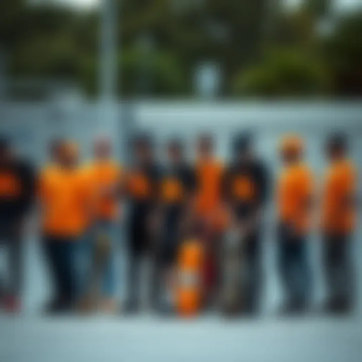 Community of Skaters in Black and Orange Group of skaters in black and orange attire at a skate park