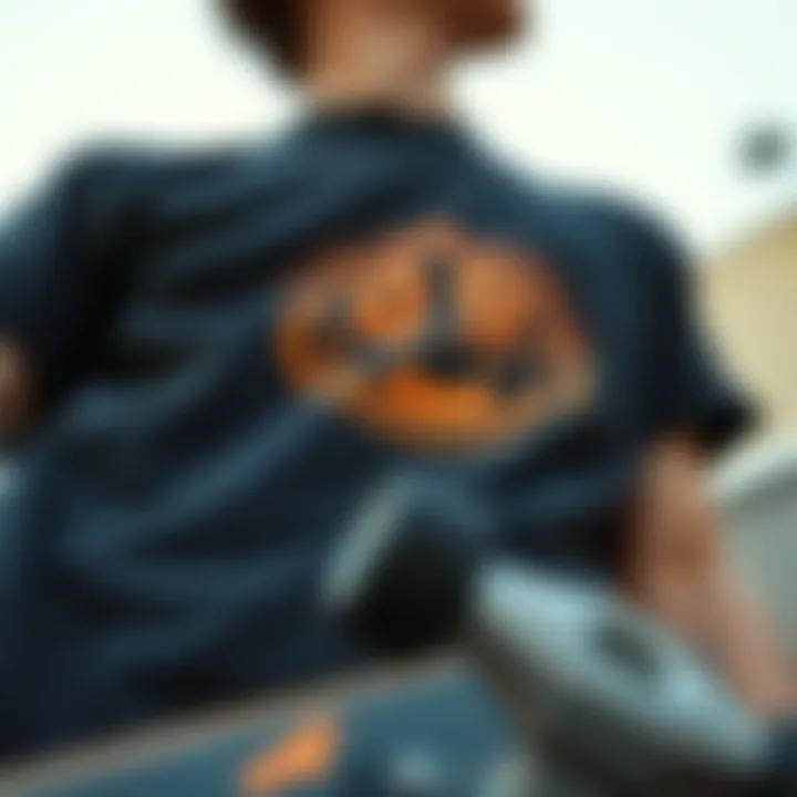 Detailed View of T-Shirt Design with Skateboard Close-up of black and orange t-shirt design elements with skateboard