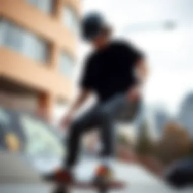 Skater in Action Wearing Black and Orange Skater showcasing a black and orange t-shirt while performing tricks