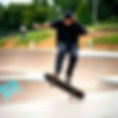 Skateboarding in Black Dickies Skateboarder wearing black Dickies, performing a trick at a skate park