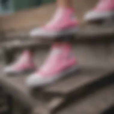 A group of skate enthusiasts showcasing their pink and white Converse Chuck Taylor shoes and unique styles.