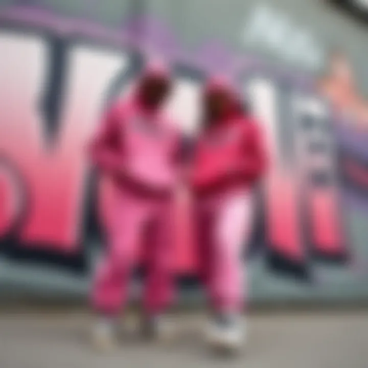 Artistic representation of pink black sweats against a graffiti backdrop