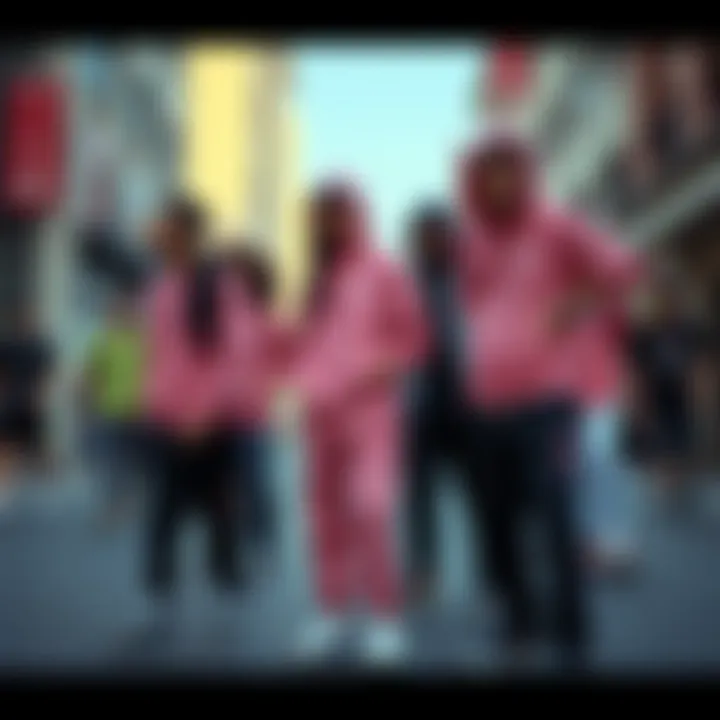 Group of skaters wearing pink black sweats in a vibrant street setting
