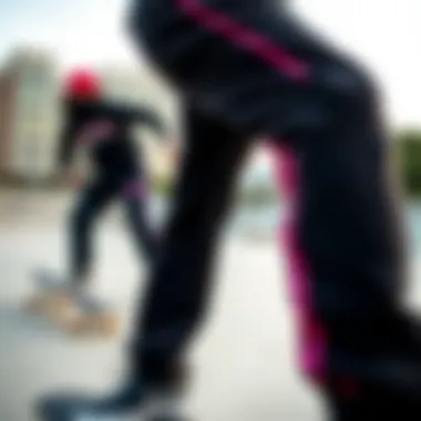Stylish pink black sweats showcased in an urban skate park
