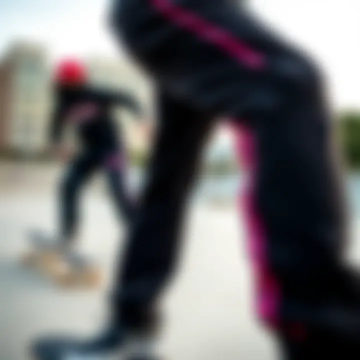 Stylish pink black sweats showcased in an urban skate park