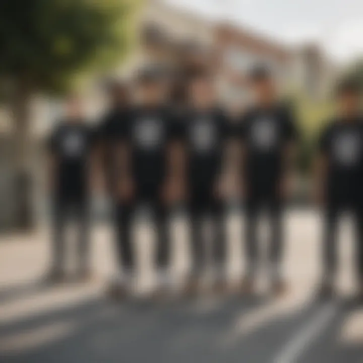 A group of skateboarders showcasing different styles with black vintage shirts