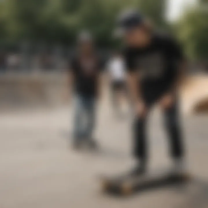 An outdoor skate park scene featuring black vintage shirts