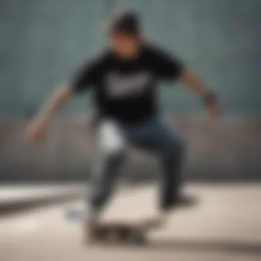 A stylish skateboarder wearing a black vintage shirt