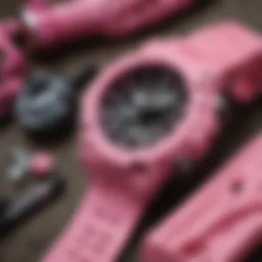 Close-up of pink G Shock watch with skate accessories