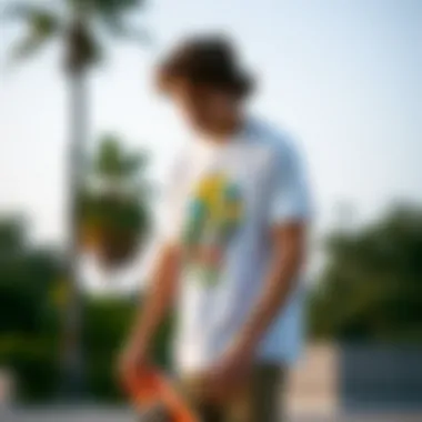 A skateboarder wearing a uniquely designed t-shirt that showcases art inspired by skate culture.