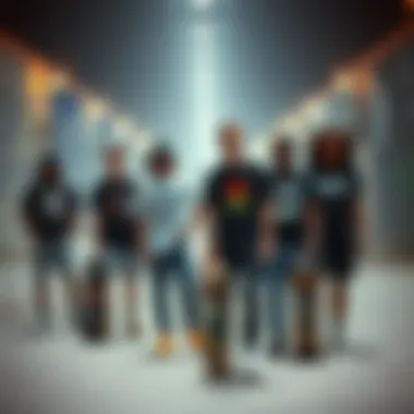 A group of skaters showcasing their unique t-shirt designs