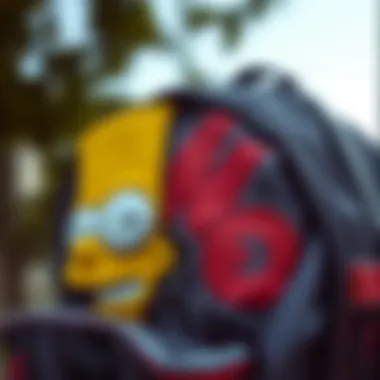 Close-up of the unique design elements of the Bart Simpson backpack