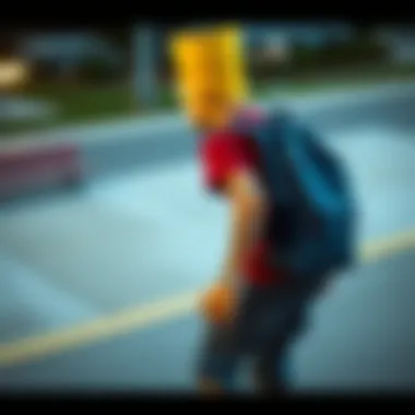 A skater showcasing the Bart Simpson backpack in action