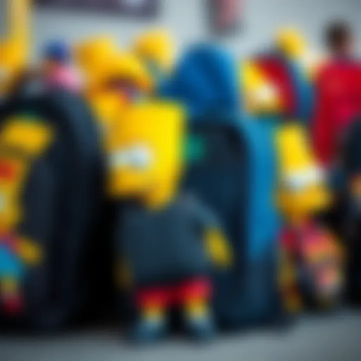 Various styles of Bart Simpson backpacks displayed together