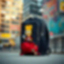 Stylish Bart Simpson backpack against a vibrant urban backdrop