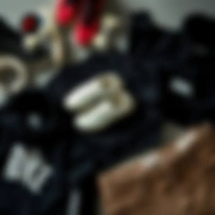 A stylish flat lay of various black hood sweaters alongside skateboarding accessories, illustrating fashion integration.