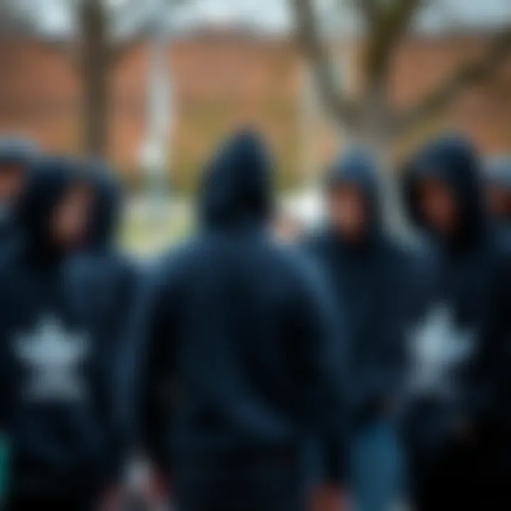 A group of skaters gathered, each wearing different styles of black hood sweaters, highlighting community and diversity.
