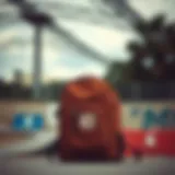 Stylish brown Carhartt backpack against a skatepark backdrop