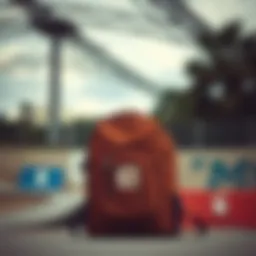 Stylish brown Carhartt backpack against a skatepark backdrop