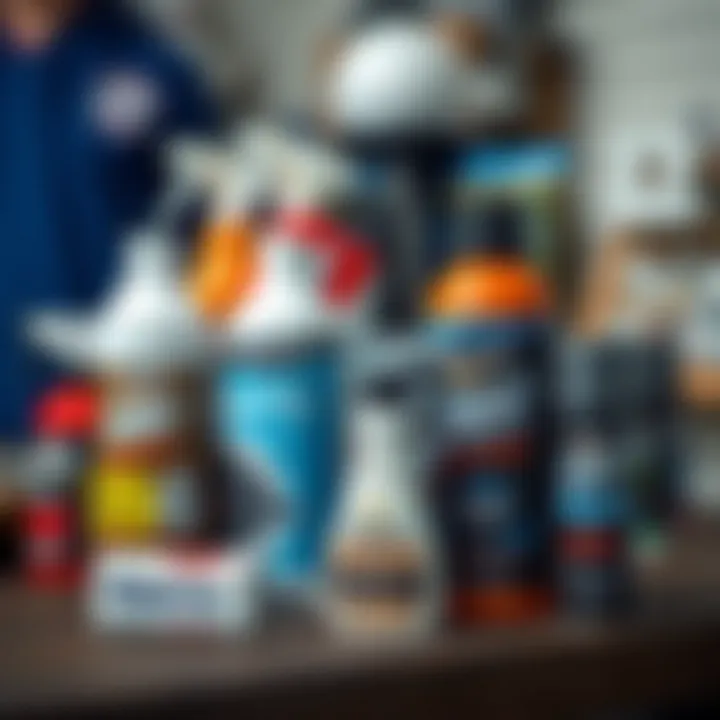 Care Products for Camo Pants Maintenance An organized display of care products for maintaining camo pants.