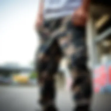 Camo Pants in Urban Skate Culture A stylish pair of camo pants showcased in an urban skate setting.