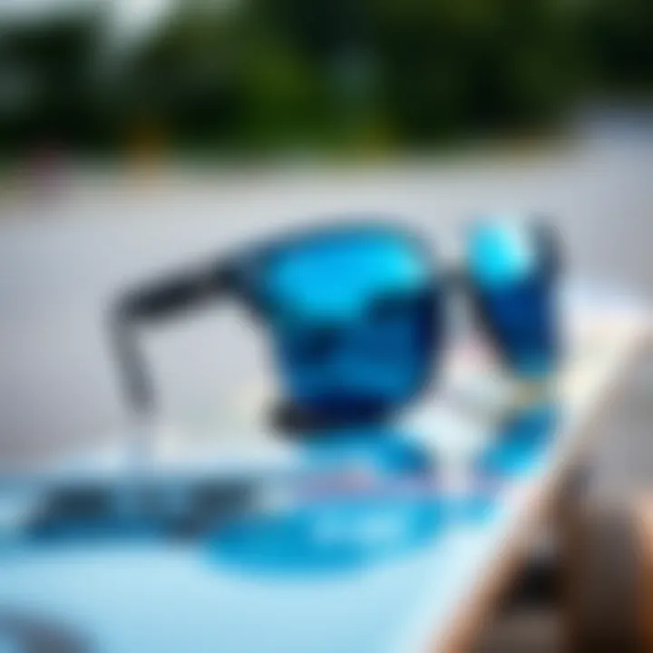 Stylish blue glass sunglasses on a skateboard deck
