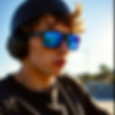 Skater wearing blue glass sunglasses during a trick