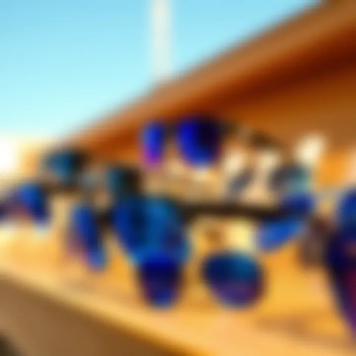 Display of various blue glass sunglasses styles
