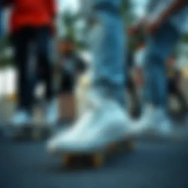 A group of skaters gathered, showcasing various styles with Tilly's white Converse