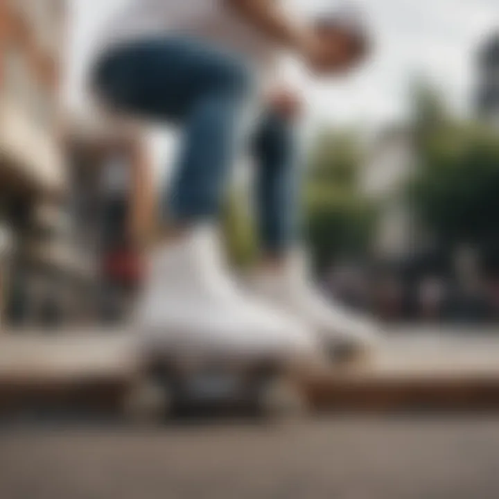 Skater performing a trick in white high top Vans