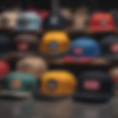 Close-up of diverse snapback hat designs for skaters