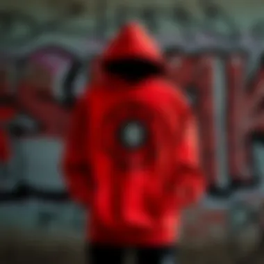The red Anti Social Social Club hoodie displayed against a graffiti backdrop