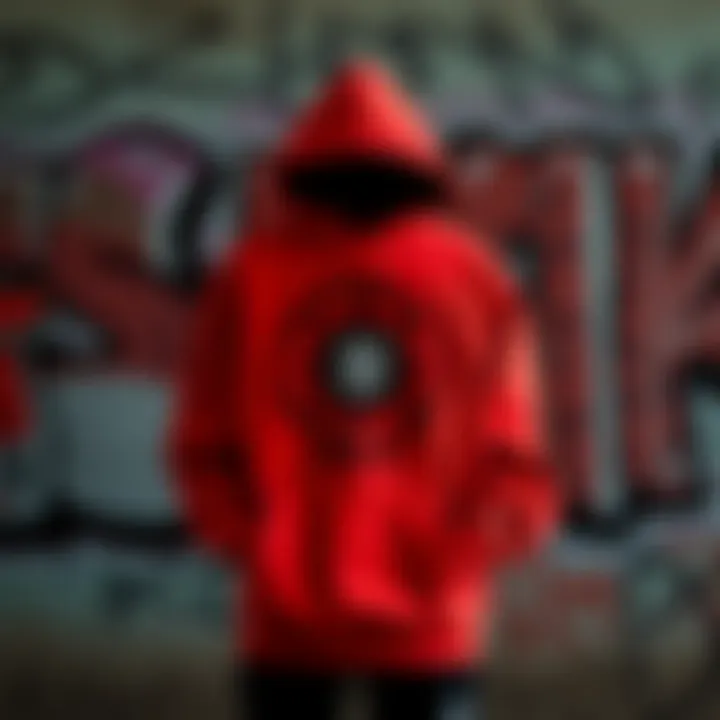The red Anti Social Social Club hoodie displayed against a graffiti backdrop