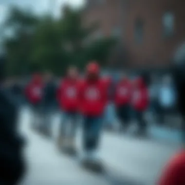 Group of skaters gathered, all wearing the red Anti Social Social Club hoodie